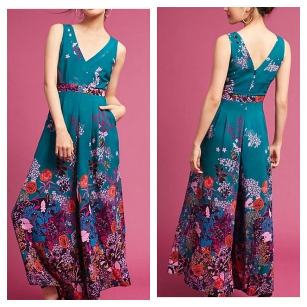 Anthropologie Teal Floral Jumpsuit